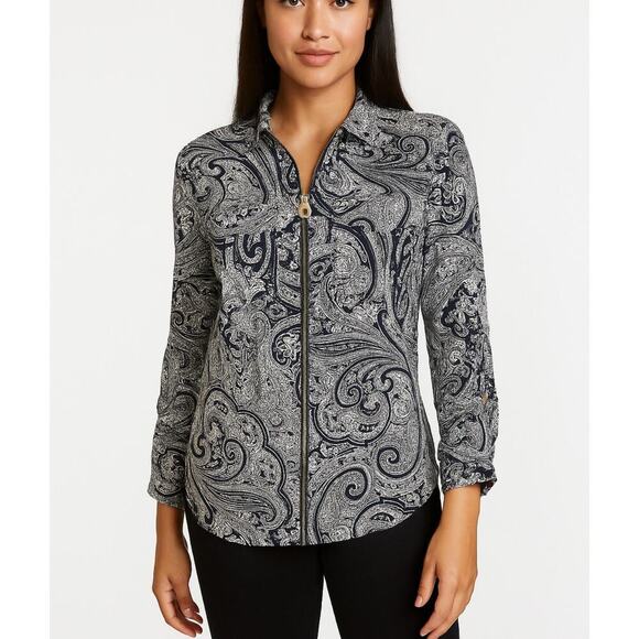 Michael Kors Bohemian Print Roll Tab Long Sleeve Paisley Zipper Front Size 6 - Picture 1 of 7